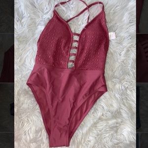 Xhiliration mauve crochet open back one piece
